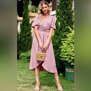 Elegant Pink High Waist Flowy Midi Dress with Belt
